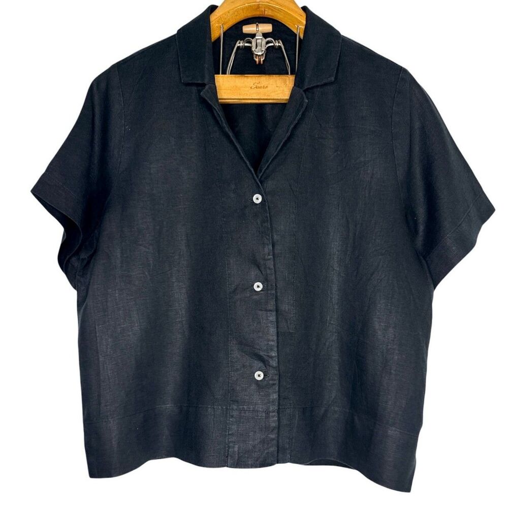 Quince 100% Linen Black Button Down Short Sleeve Shirt Sz: L